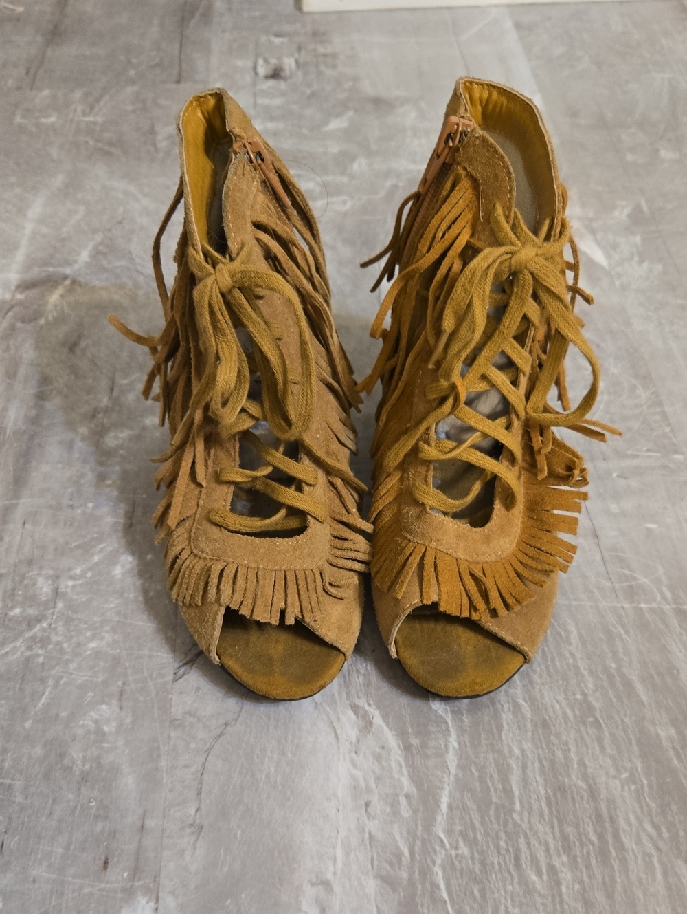 Joyfolie Kids Fringe Lace-Up Open Toe Heeled Sandals - Tan